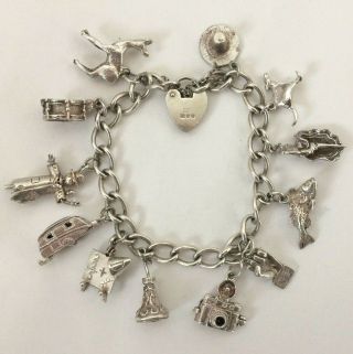 Vintage Sterling Silver Charm Bracelet & 12 Charms Heart Padlock Hm 1974 London