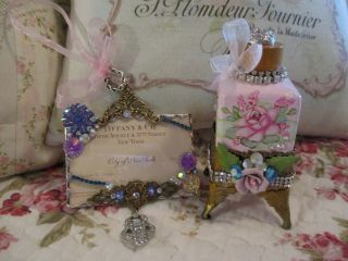 Shabby Chic Hand Painted Roses - Vintage Ornate Bottle And Soldered Glass Charm
