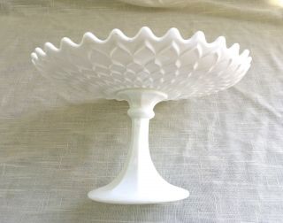 Vintage White Milk Glass Pedestal Cake Plate - Wavy Edge,  Graduated Diamonds,  9 "