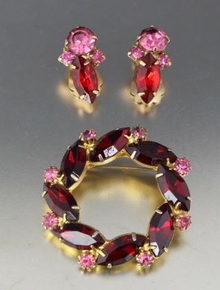 Vintage 50’s Pink & Red Crystal Glass Rhinestone Bead Earrings & Pin Brooch Set