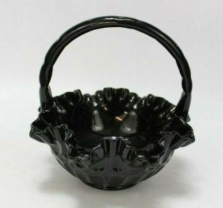 Vintage Fenton Black Glass Ruffled Edge 8 " Basket Bowl Candy Dish