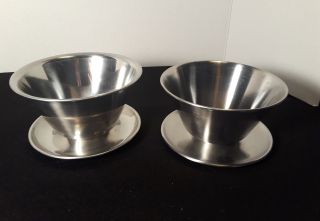 2 Vintage Leonard Gravy Bowls 18/8 Stainless Steel Attached Saucer/plate
