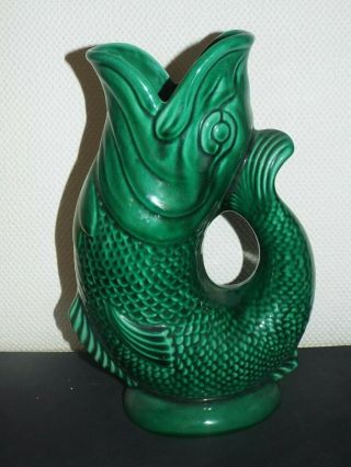 Vintage Dartmouth Devon Pottery Green Fish Glug Gurgle Jug Vase Approx 9 " Vgc