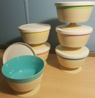 Set Of 6 Vintage Thermo Temp Raffiaware Footed Dessert Bowls With Lids