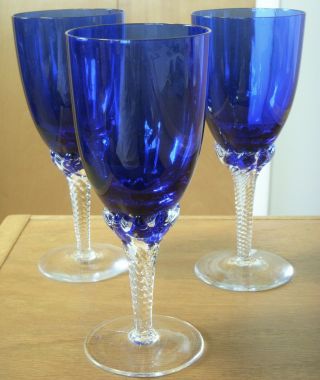 3 Vintage Blue Cobalt Glass Glasses Goblets Stemware Clear Stems Pretty