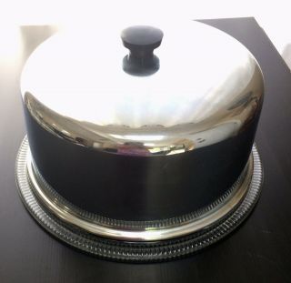 Vintage Glass Cake Plate With 3 Feet / Chrome Metal Dome Cover