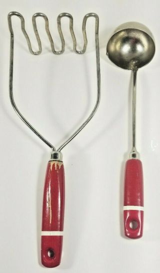 Vintage Red Wood Handle Potato Masher 10 " And Small Ladel Metal