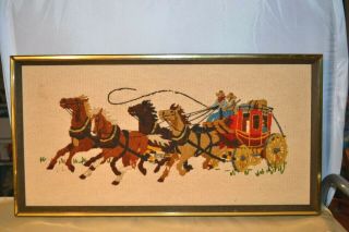 Vintage Stagecoach Crewel Embroidery Framed Art Horses Western Cowboys Wool Yarn
