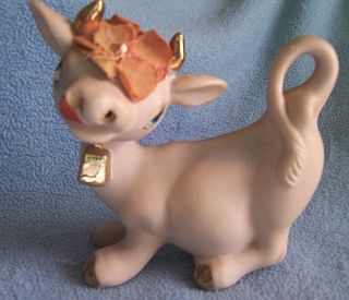 Vtg 1950 - 1960s Pink Cow Figurine Girly Gold Trim 5 " Long " Tilso " Silly Flower