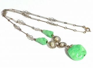 Vintage Art Deco Silver Tone Green Glass & Faux Pearl Drop Necklace - Rousselet