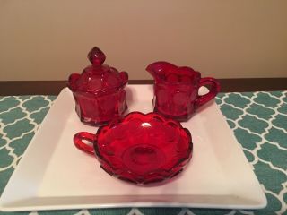 Vintage Fostoria Ruby Red Coin Glass Creamer And Sugar Bowl With Lid And Dish