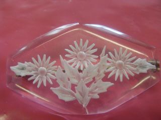 Vintage Reverse Carved Lucite Brooch With White Flower