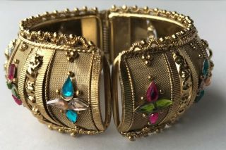 Vintage Hinged Bangle Bracelet Goldtone Screen Filigree Metal Rhinestones