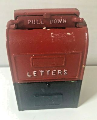 Vintage Red/blue Cast Iron Coin Bank Still Piggy Letterbox Mail Box (a027)
