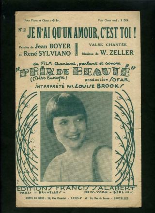 Vintage Louise Brooks " French " Sheet Music 1930 Fabulous Girl