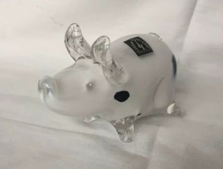 Vintage Langham Glass Crystal Hand Made Paperweight White & Black Spotted Pig