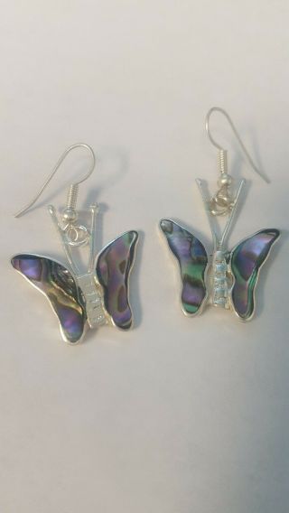 Alpaca Mexico Vtg Dangle Earrings Abalone Mother Pearl Inlay Butterfly Silver