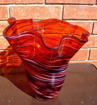 Vintage Murano Art Glass Vase Brick Red With Swirls