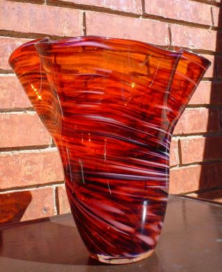 Vintage Murano Art Glass Vase Brick Red with Swirls 2