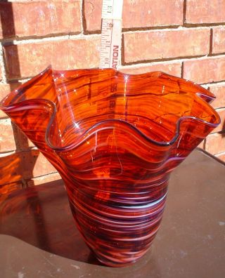 Vintage Murano Art Glass Vase Brick Red with Swirls 4