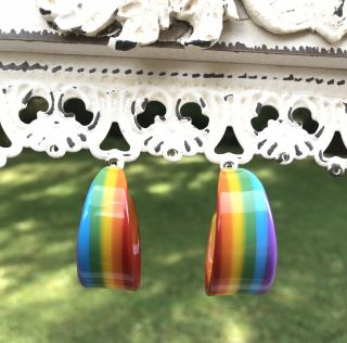 Vintage Rainbow Striped Plastic Hoop Post Earrings For Pierced Ears 1.  5 "
