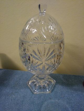 Vintage Crystal Clear Egg Shaped W Lid Footed Pedestal Candy Dish,  12 Mark