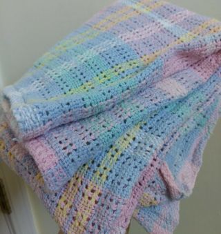 Vtg Pastel Plaid Cotton Thermal Waffle Weave Baby Blanket Blue Pink Yellow Open