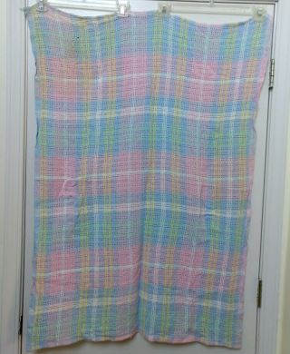 Vtg Pastel Plaid Cotton Thermal Waffle Weave Baby Blanket Blue Pink Yellow Open 2