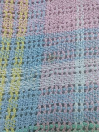 Vtg Pastel Plaid Cotton Thermal Waffle Weave Baby Blanket Blue Pink Yellow Open 3