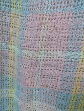 Vtg Pastel Plaid Cotton Thermal Waffle Weave Baby Blanket Blue Pink Yellow Open 4