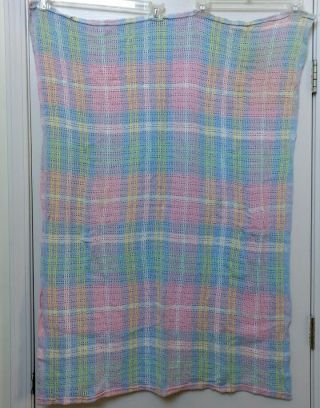Vtg Pastel Plaid Cotton Thermal Waffle Weave Baby Blanket Blue Pink Yellow Open 6