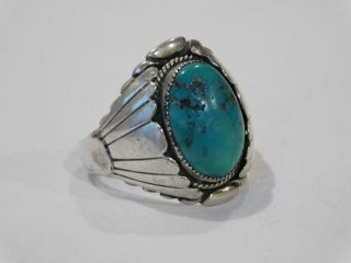 Huge Vintage Native American Sterling Silver & Green Turquoise Ring Stamped Htm