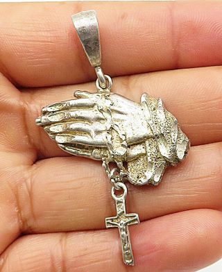 925 Sterling Silver - Vintage Religious Cross Prayer Hands Pendant - P6315