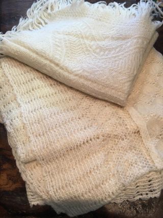 2 Vintage Baby Shawl Wool Blanket Woven & Cobweb Design Cream Christening Outfit