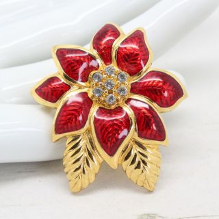 Vintage Signed Monet Red Enamel Swarovski Crystal Flower Brooch Pin Jewellery