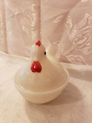 Vintage Smaller White Milk Glass Red Comb Hen Chicken on Nest Candy/Trinket Dish 2