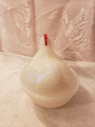 Vintage Smaller White Milk Glass Red Comb Hen Chicken on Nest Candy/Trinket Dish 4