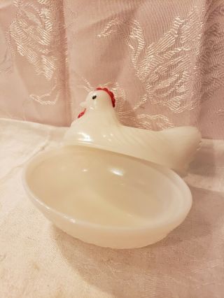 Vintage Smaller White Milk Glass Red Comb Hen Chicken on Nest Candy/Trinket Dish 5