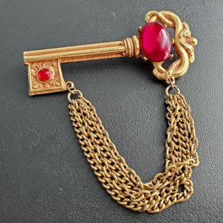 Vintage Ruby Red Glass Gold Tone Key Figural Chain Brooch Pin S168