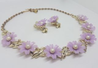 Vintage Bsk Pink Daisy Floral Necklace & Earrings Set Clip On Mid - Century