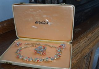 Signed Vintage Coro Jewelcraft Necklace Earrings Brooch AB Boxed Collectable Set 8