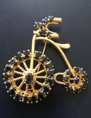 Vintage Old Fashioned Bicycle Pin/brooch Gold - Tone Blue Rhinestones