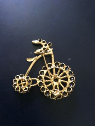 Vintage Old Fashioned Bicycle Pin/Brooch Gold - tone Blue Rhinestones 4