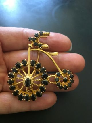 Vintage Old Fashioned Bicycle Pin/Brooch Gold - tone Blue Rhinestones 5