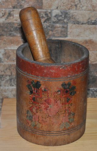 Vintage 19th C Large Wooden Color Hand Painted Mortar And Pestle