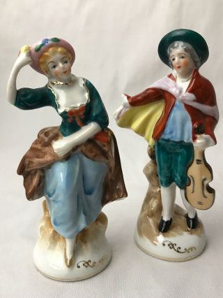 2 Occupied Japan Porcelain Victorian Colonial Man & Woman Figurine 5.  25 " Vintage