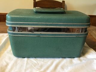 Vintage Teal Blue Samsonite Silhouette Train Makeup Cosmetic Hard Case Tray/key