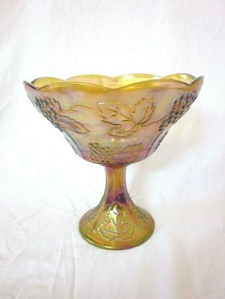 Vintage Marigold Indiana Carnival Glass Pedestal Fruit Bowl Grape Leaf Pattern