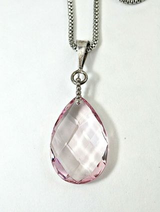 Vintage Monet Necklace Silver Tone Chain Sterling Bail Pink Glass Pendant 37 "
