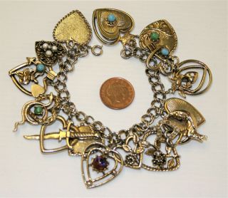 Vintage 1950s Jewelcraft By Coro Gold Tone Charm Bracelet With 15 Heart Charms